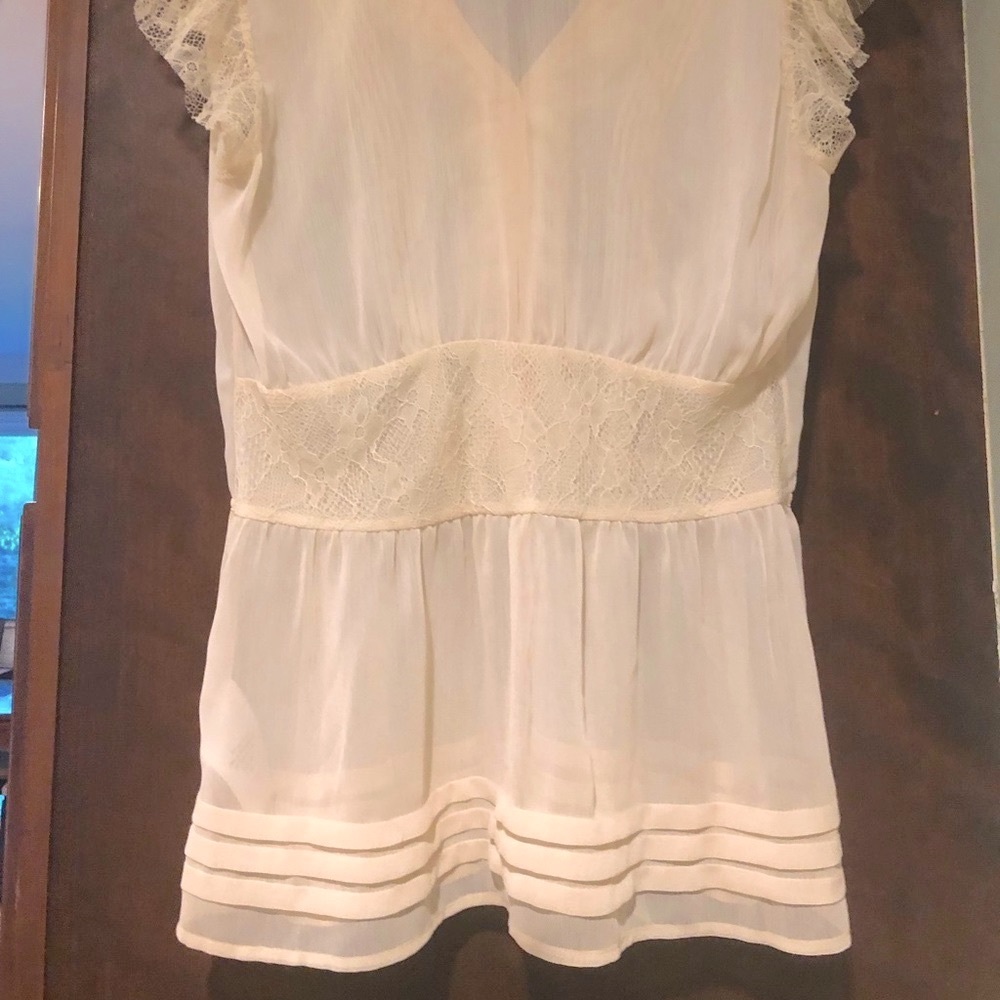 Guess women’s Sheer nude  top button down shirt blouse lace sheer cream blush L